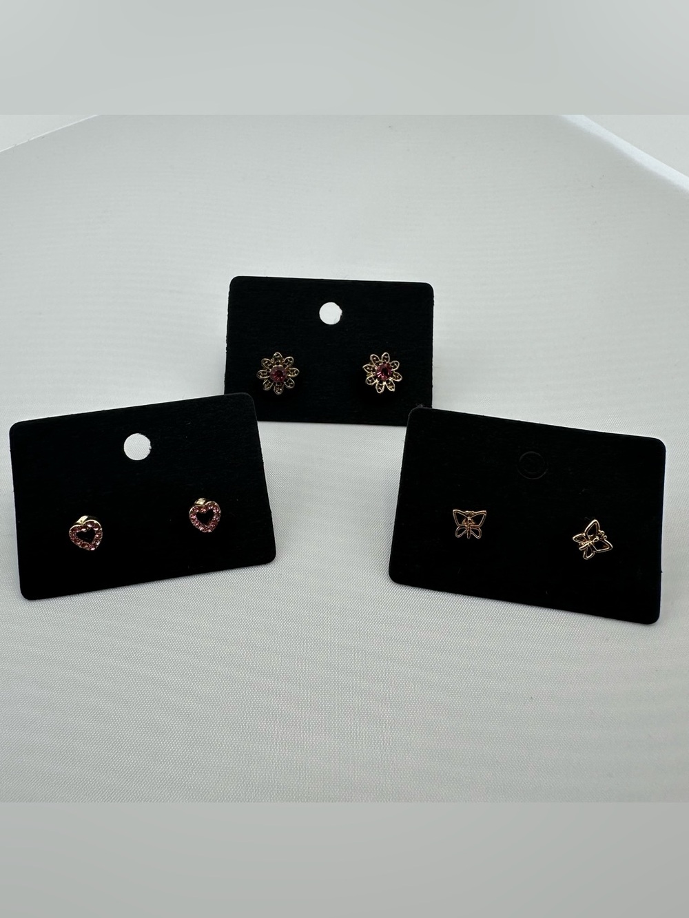 3-Pair Gold-Tone Stud Earring Set | Hearts, Floral & Butterfly